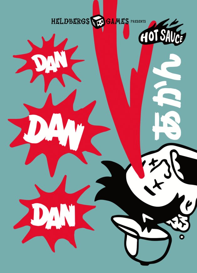 Postkarte 'Dan Dan Dan' von Heldbergs Games. Dynamische Comic-Soundeffekte in Rot und Weiß auf blauem Hintergrund. Japanische Manga-Kultur inspiriert das Design.