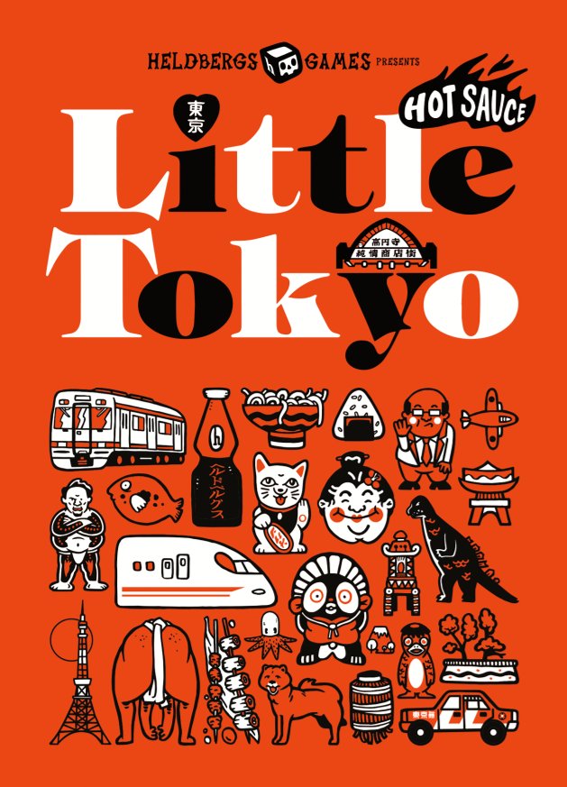 Postkarte 'Little Tokyo' von Heldbergs Games. Illustrationen von Tokioter Symbolen wie Zügen, Katzen, Dinosauriern, Schreinen, Taxis. Roter Hintergrund, kontrastreiche weiße und schwarze Illustrationen.