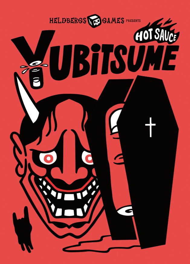 Postkarte 'Yubitsume' von Heldbergs Games, zeigt ein dämonenartiges Gesicht mit Hörnern und einen Sarg. Roter Hintergrund, düstere Atmosphäre, inspiriert von japanischer Folklore.