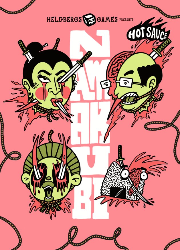 Postkarte 'Namakubi' von Heldbergs Games, zeigt vier Köpfe, inspiriert von traditioneller japanischer Kunst. Jeder Kopf ist von Schwertern durchbohrt, kombiniert mit humorvollen, provokativen Pop-Art-Elementen. Rosa Hintergrund, kontrastierende Farben und Heldbergs Games-Logo oben.