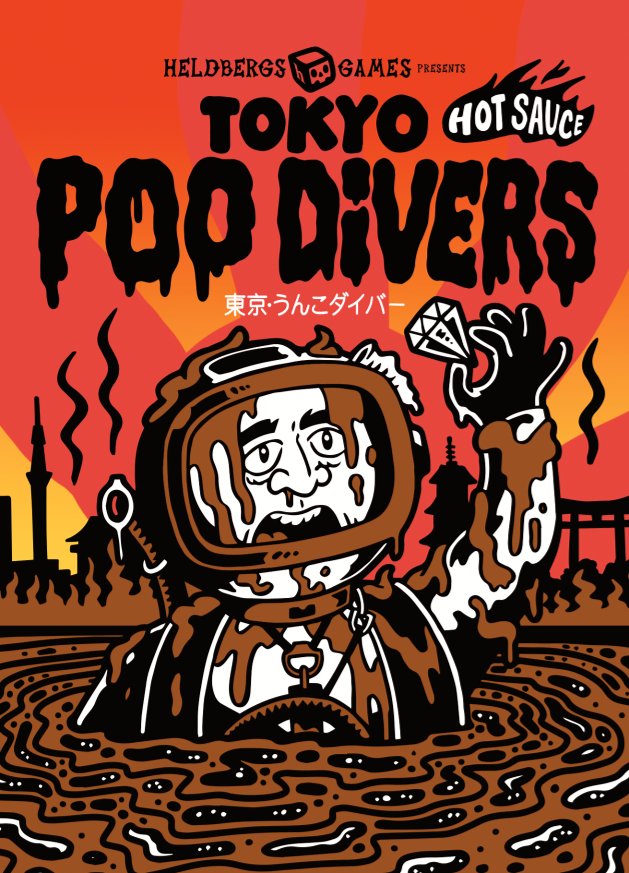 Postkarte 'Tokyo Poo Divers' von Heldbergs Games. Taucher in einem Schlammmeer mit einem Diamanten in der Hand. Humorvolle Darstellung mit einem comicartigen Titel. Orangetöne, Stadtsilhouette im Hintergrund.